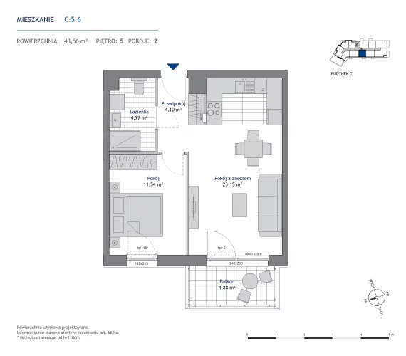 2 pokoje, mieszkanie 43,56 m², piętro 5, oferta nr 36.C.5.6, Nowa Dąbrowa, Gdynia, Dąbrowa, ul. Rdestowa