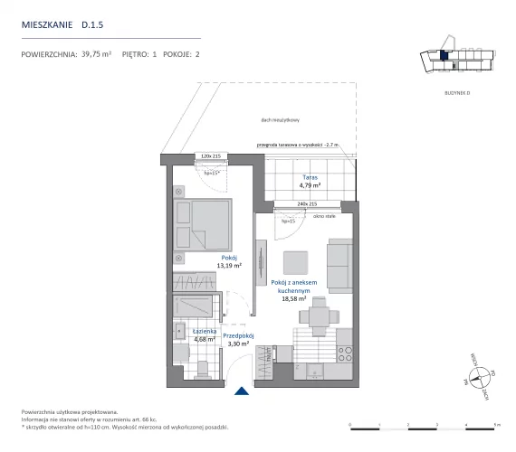 2 pokoje, mieszkanie 39,75 m², piętro 1, oferta nr 36.D.1.5, Nowa Dąbrowa, Gdynia, Dąbrowa, ul. Rdestowa