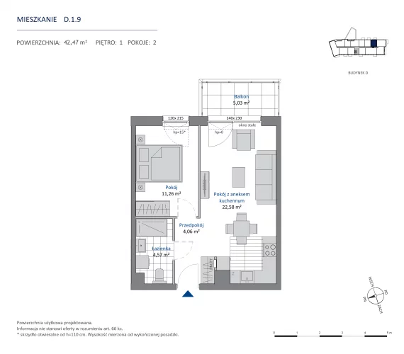 2 pokoje, mieszkanie 42,47 m², piętro 1, oferta nr 36.D.1.9, Nowa Dąbrowa, Gdynia, Dąbrowa, ul. Rdestowa