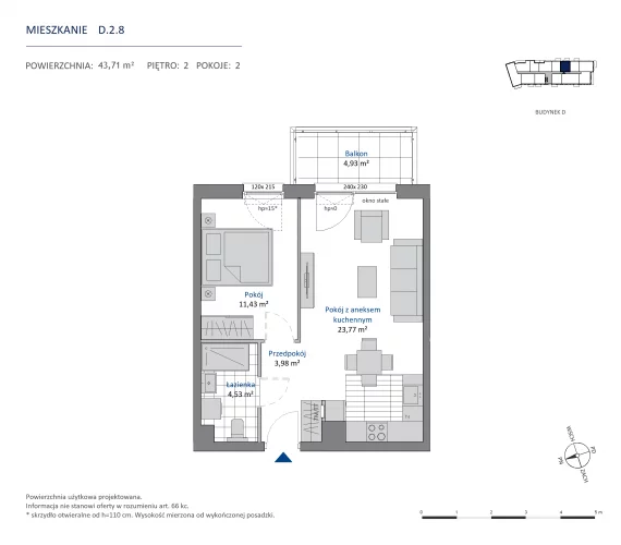 2 pokoje, mieszkanie 43,71 m², piętro 2, oferta nr 36.D.2.8, Nowa Dąbrowa, Gdynia, Dąbrowa, ul. Rdestowa