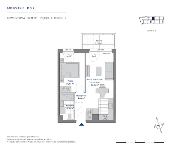 2 pokoje, mieszkanie 38,41 m², piętro 3, oferta nr 36.D.3.7, Nowa Dąbrowa, Gdynia, Dąbrowa, ul. Rdestowa