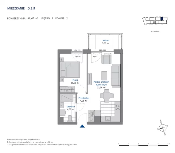 2 pokoje, mieszkanie 42,47 m², piętro 3, oferta nr 36.D.3.9, Nowa Dąbrowa, Gdynia, Dąbrowa, ul. Rdestowa