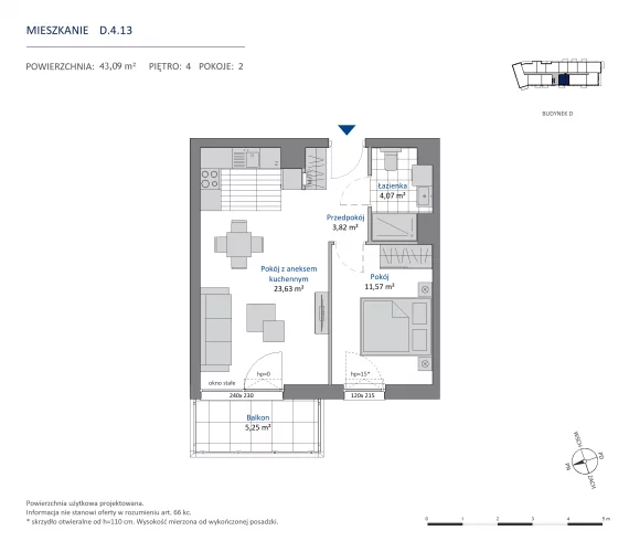 2 pokoje, mieszkanie 43,09 m², piętro 4, oferta nr 36.D.4.13, Nowa Dąbrowa, Gdynia, Dąbrowa, ul. Rdestowa