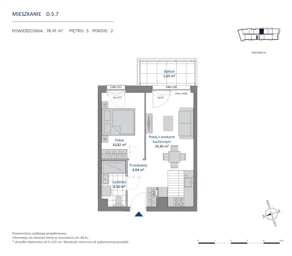 2 pokoje, mieszkanie 38,41 m², piętro 5, oferta nr 36.D.5.7, Nowa Dąbrowa, Gdynia, Dąbrowa, ul. Rdestowa