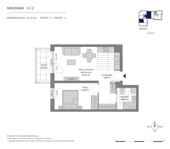 2 pokoje, mieszkanie 47,97 m², piętro 1, oferta nr 36.E.1.2, Nowa Dąbrowa, Gdynia, Dąbrowa, ul. Rdestowa