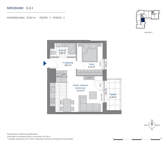 2 pokoje, mieszkanie 39,83 m², piętro 3, oferta nr 36.E.3.1, Nowa Dąbrowa, Gdynia, Dąbrowa, ul. Rdestowa