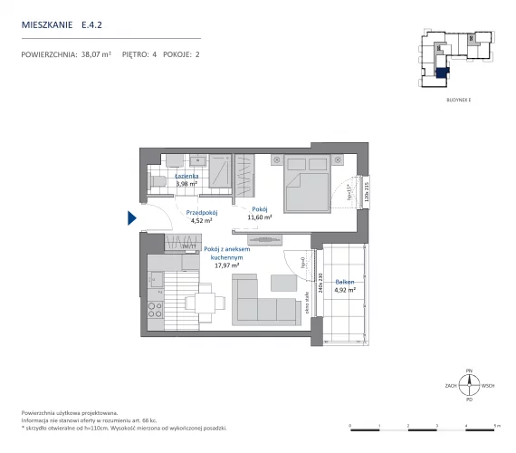 2 pokoje, mieszkanie 38,07 m², piętro 4, oferta nr 36.E.4.2, Nowa Dąbrowa, Gdynia, Dąbrowa, ul. Rdestowa