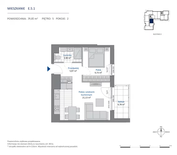 2 pokoje, mieszkanie 39,83 m², piętro 5, oferta nr 36.E.5.1, Nowa Dąbrowa, Gdynia, Dąbrowa, ul. Rdestowa
