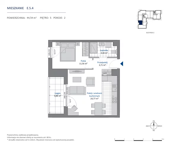 2 pokoje, mieszkanie 44,54 m², piętro 5, oferta nr 36.E.5.4, Nowa Dąbrowa, Gdynia, Dąbrowa, ul. Rdestowa