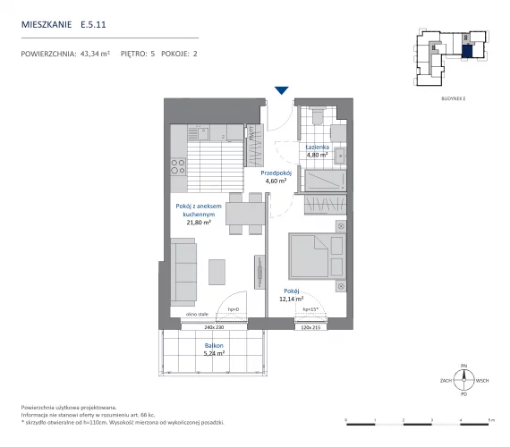 2 pokoje, mieszkanie 43,34 m², piętro 5, oferta nr 36.E.5.11, Nowa Dąbrowa, Gdynia, Dąbrowa, ul. Rdestowa