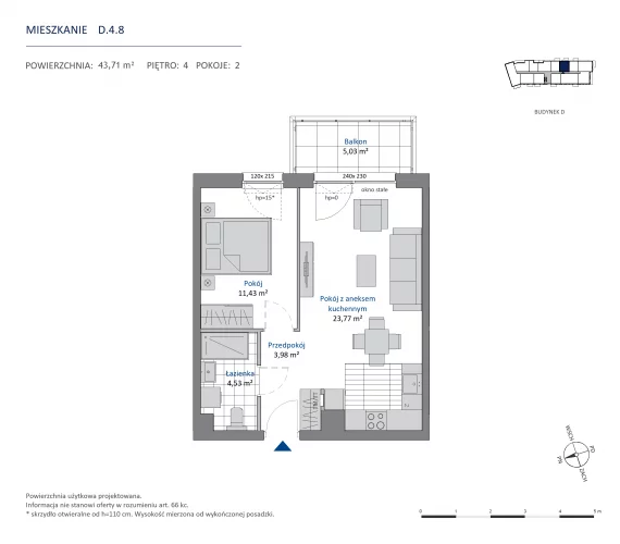 2 pokoje, mieszkanie 43,71 m², piętro 4, oferta nr 36.D.4.8, Nowa Dąbrowa, Gdynia, Dąbrowa, ul. Rdestowa
