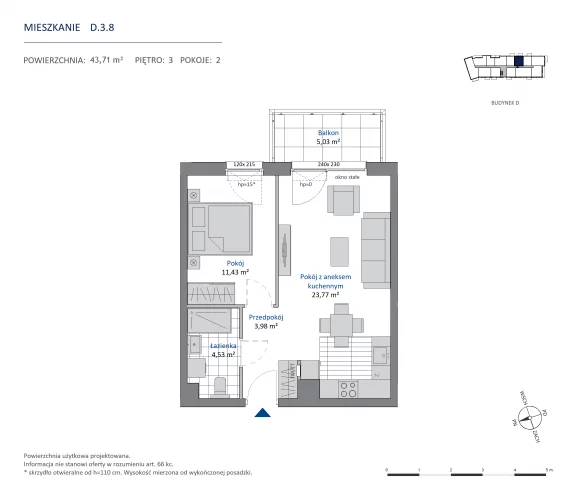 2 pokoje, mieszkanie 43,71 m², piętro 3, oferta nr 36.D.3.8, Nowa Dąbrowa, Gdynia, Dąbrowa, ul. Rdestowa