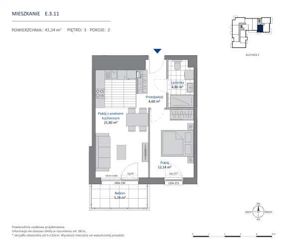 2 pokoje, mieszkanie 43,34 m², piętro 3, oferta nr 36.E.3.11, Nowa Dąbrowa, Gdynia, Dąbrowa, ul. Rdestowa