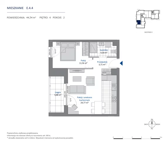 2 pokoje, mieszkanie 44,54 m², piętro 4, oferta nr 36.E.4.4, Nowa Dąbrowa, Gdynia, Dąbrowa, ul. Rdestowa