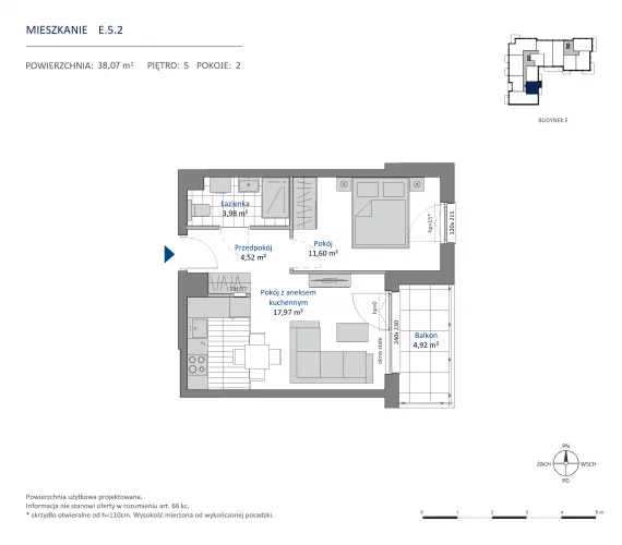 2 pokoje, mieszkanie 38,07 m², piętro 5, oferta nr 36.E.5.2, Nowa Dąbrowa, Gdynia, Dąbrowa, ul. Rdestowa