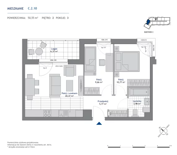 3 pokoje, mieszkanie 50,55 m², piętro 2, oferta nr 36.C.2.10, Nowa Dąbrowa, Gdynia, Dąbrowa, ul. Rdestowa