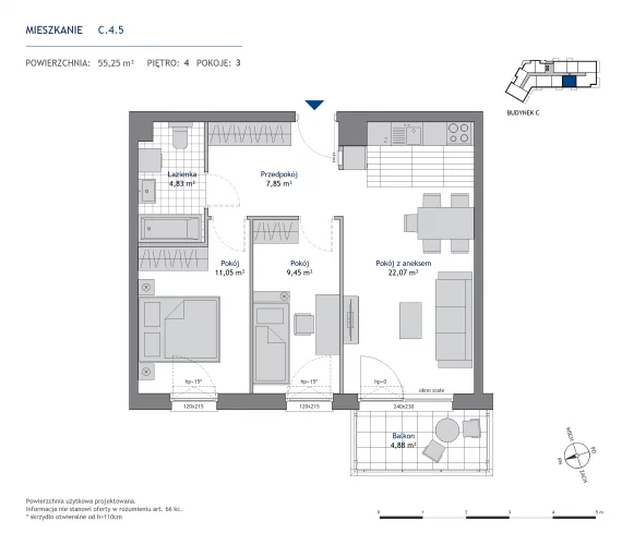 3 pokoje, mieszkanie 55,25 m², piętro 4, oferta nr 36.C.4.5, Nowa Dąbrowa, Gdynia, Dąbrowa, ul. Rdestowa