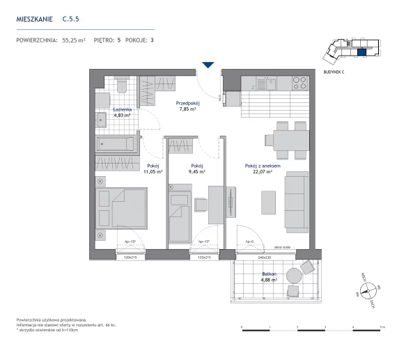 3 pokoje, mieszkanie 55,25 m², piętro 5, oferta nr 36.C.5.5, Nowa Dąbrowa, Gdynia, Dąbrowa, ul. Rdestowa