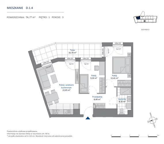3 pokoje, mieszkanie 56,77 m², piętro 1, oferta nr 36.D.1.4, Nowa Dąbrowa, Gdynia, Dąbrowa, ul. Rdestowa