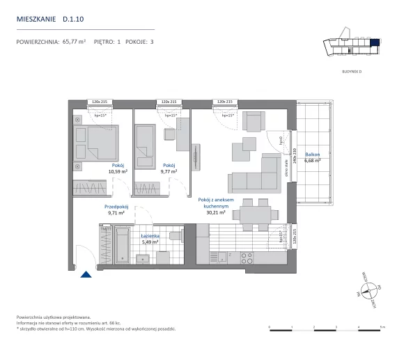 3 pokoje, mieszkanie 65,77 m², piętro 1, oferta nr 36.D.1.10, Nowa Dąbrowa, Gdynia, Dąbrowa, ul. Rdestowa