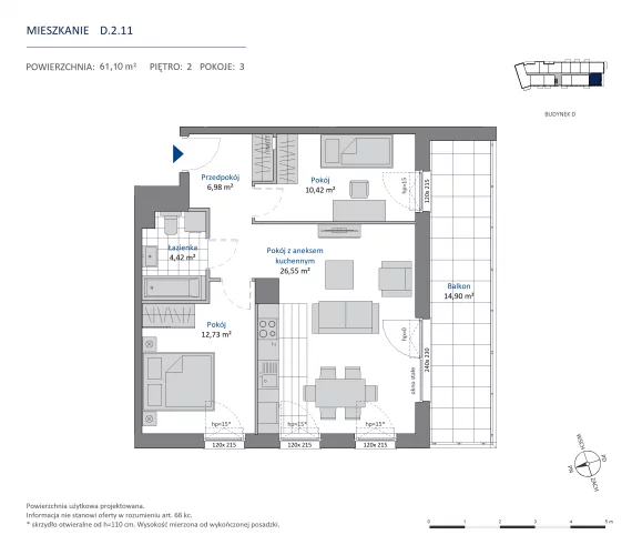 3 pokoje, mieszkanie 61,10 m², piętro 2, oferta nr 36.D.2.11, Nowa Dąbrowa, Gdynia, Dąbrowa, ul. Rdestowa