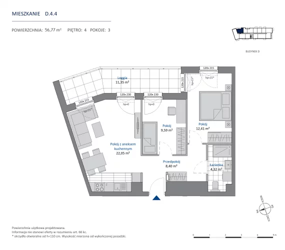 3 pokoje, mieszkanie 56,77 m², piętro 4, oferta nr 36.D.4.4, Nowa Dąbrowa, Gdynia, Dąbrowa, ul. Rdestowa