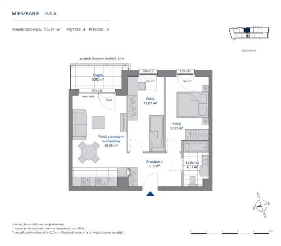 3 pokoje, mieszkanie 55,14 m², piętro 4, oferta nr 36.D.4.6, Nowa Dąbrowa, Gdynia, Dąbrowa, ul. Rdestowa