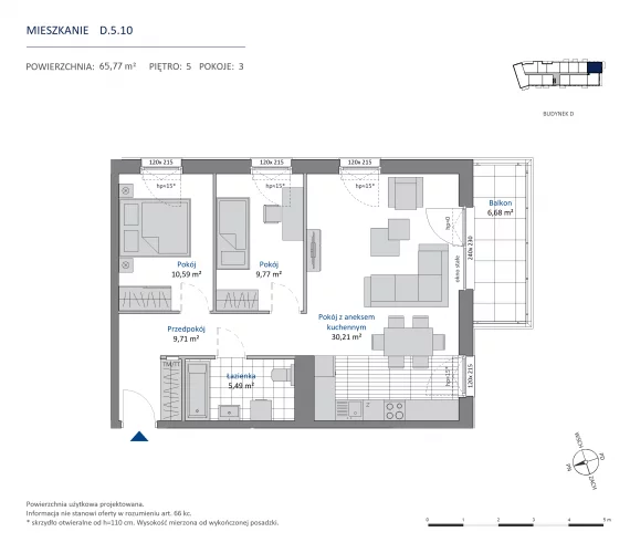 3 pokoje, mieszkanie 65,77 m², piętro 5, oferta nr 36.D.5.10, Nowa Dąbrowa, Gdynia, Dąbrowa, ul. Rdestowa