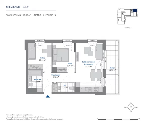 3 pokoje, mieszkanie 53,90 m², piętro 5, oferta nr 36.E.5.9, Nowa Dąbrowa, Gdynia, Dąbrowa, ul. Rdestowa
