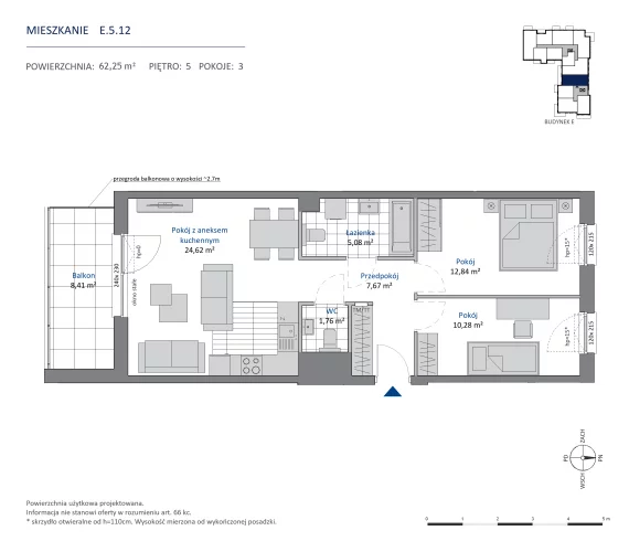 3 pokoje, mieszkanie 62,25 m², piętro 5, oferta nr 36.E.5.12, Nowa Dąbrowa, Gdynia, Dąbrowa, ul. Rdestowa