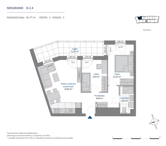 3 pokoje, mieszkanie 56,77 m², piętro 2, oferta nr 36.D.2.4, Nowa Dąbrowa, Gdynia, Dąbrowa, ul. Rdestowa