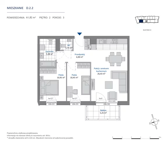 3 pokoje, mieszkanie 61,82 m², piętro 2, oferta nr 36.D.2.2, Nowa Dąbrowa, Gdynia, Dąbrowa, ul. Rdestowa