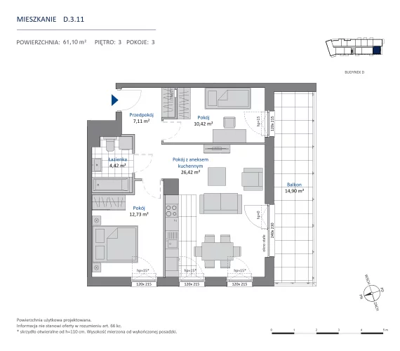 3 pokoje, mieszkanie 61,10 m², piętro 3, oferta nr 36.D.3.11, Nowa Dąbrowa, Gdynia, Dąbrowa, ul. Rdestowa