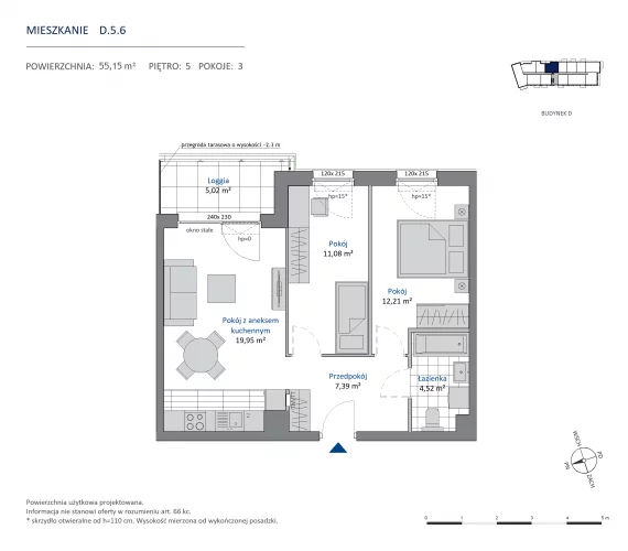 3 pokoje, mieszkanie 55,15 m², piętro 5, oferta nr 36.D.5.6, Nowa Dąbrowa, Gdynia, Dąbrowa, ul. Rdestowa