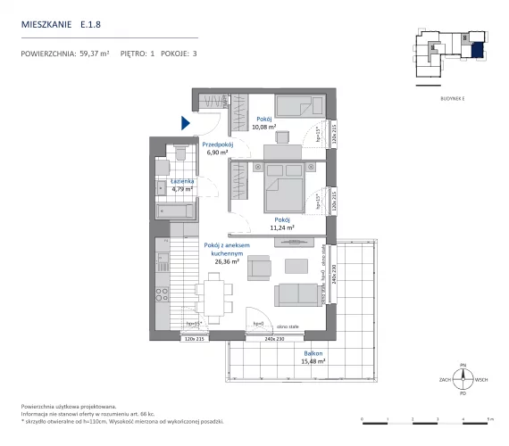 3 pokoje, mieszkanie 59,37 m², piętro 1, oferta nr 36.E.1.8, Nowa Dąbrowa, Gdynia, Dąbrowa, ul. Rdestowa
