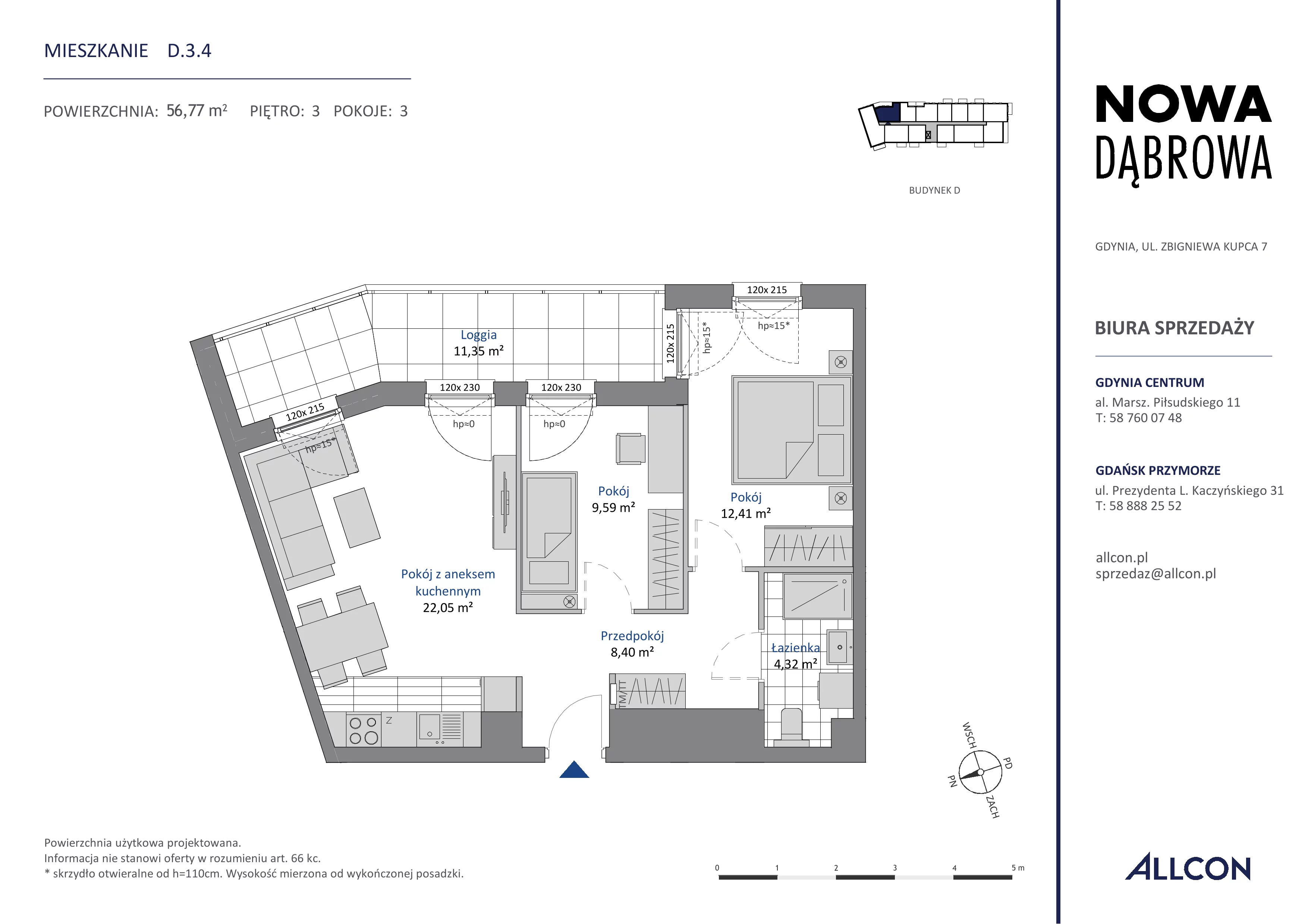 3 pokoje, mieszkanie 56,77 m², piętro 3, oferta nr D.3.4, Nowa Dąbrowa, Gdynia, Dąbrowa, ul. Rdestowa