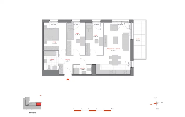 4 pokoje, mieszkanie 77,02 m², piętro 4, oferta nr 28.C.4.7, Linea, Gdańsk, Jasień, Morena, ul. Kiedrowskiego