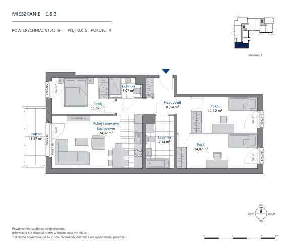 4 pokoje, mieszkanie 81,43 m², piętro 5, oferta nr 36.E.5.3, Nowa Dąbrowa, Gdynia, Dąbrowa, ul. Rdestowa