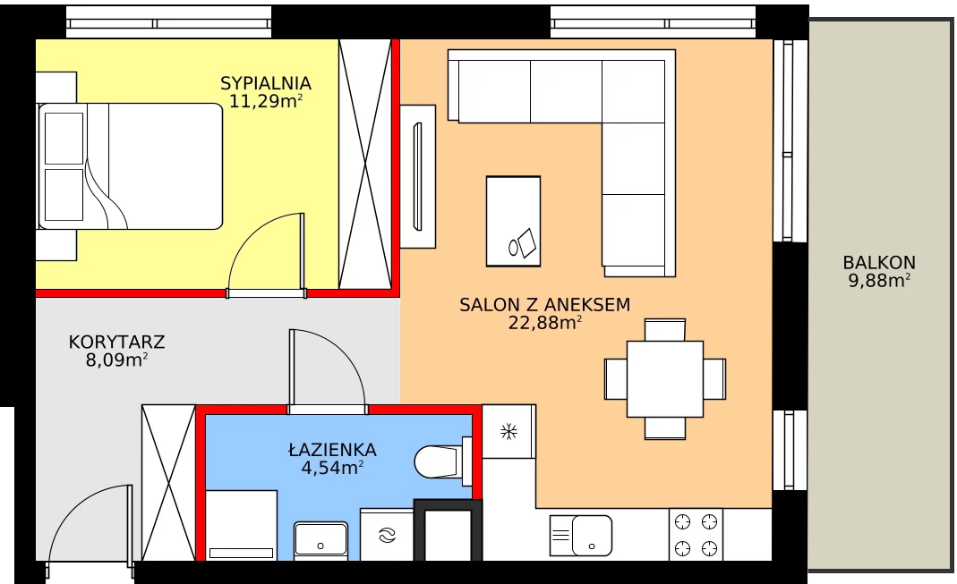 Zalety mieszkania 46.8 m², 28.A.1.3