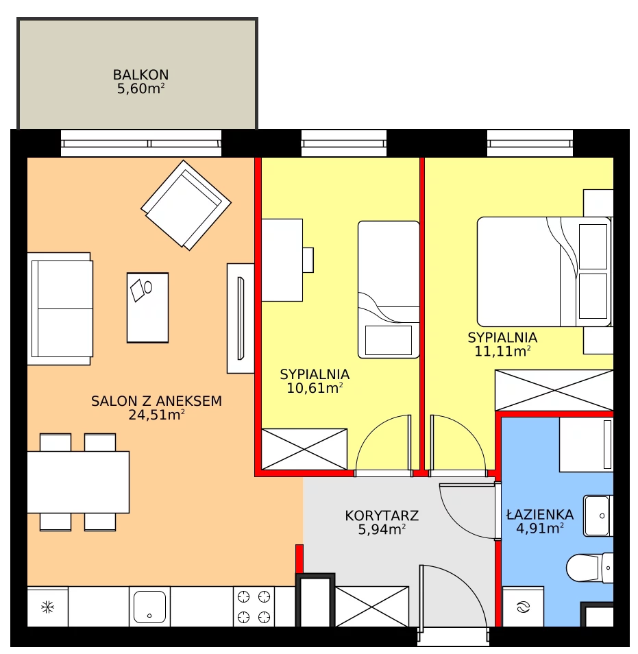 Zalety mieszkania 57.08 m², 28.B.3.5