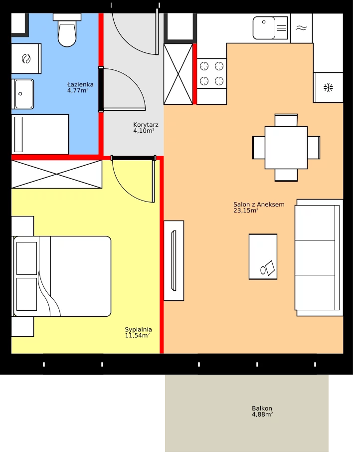 Zalety mieszkania 43.56 m², 36.C.5.6