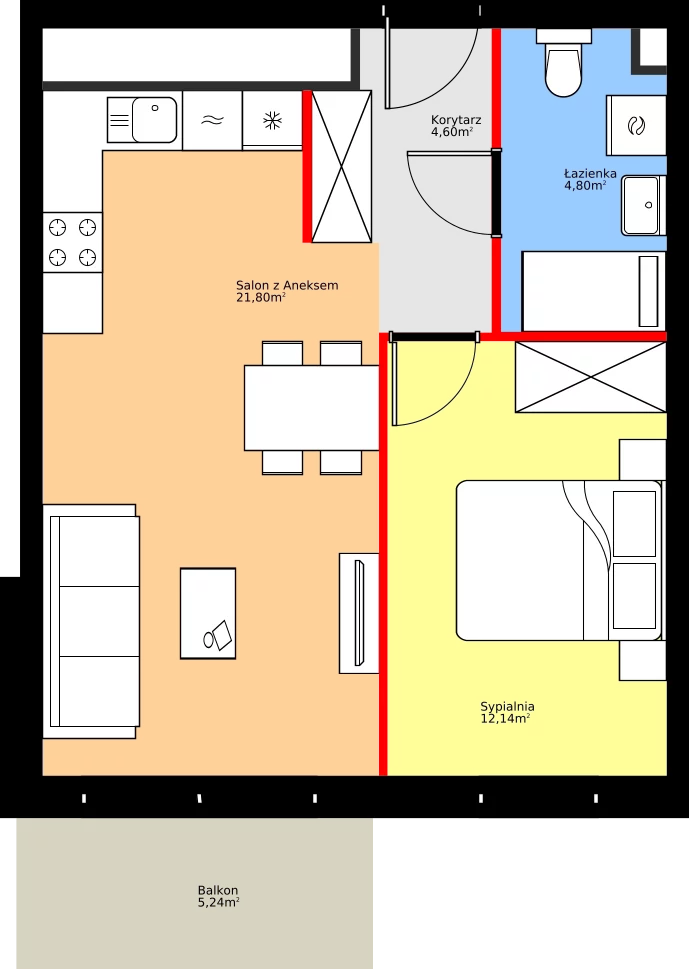 Zalety mieszkania 43.34 m², 36.E.5.11