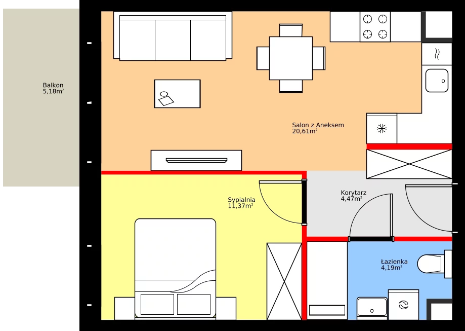 Zalety mieszkania 40.64 m², 36.E.1.3