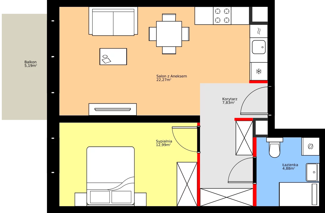 Zalety mieszkania 47.97 m², 36.E.1.2