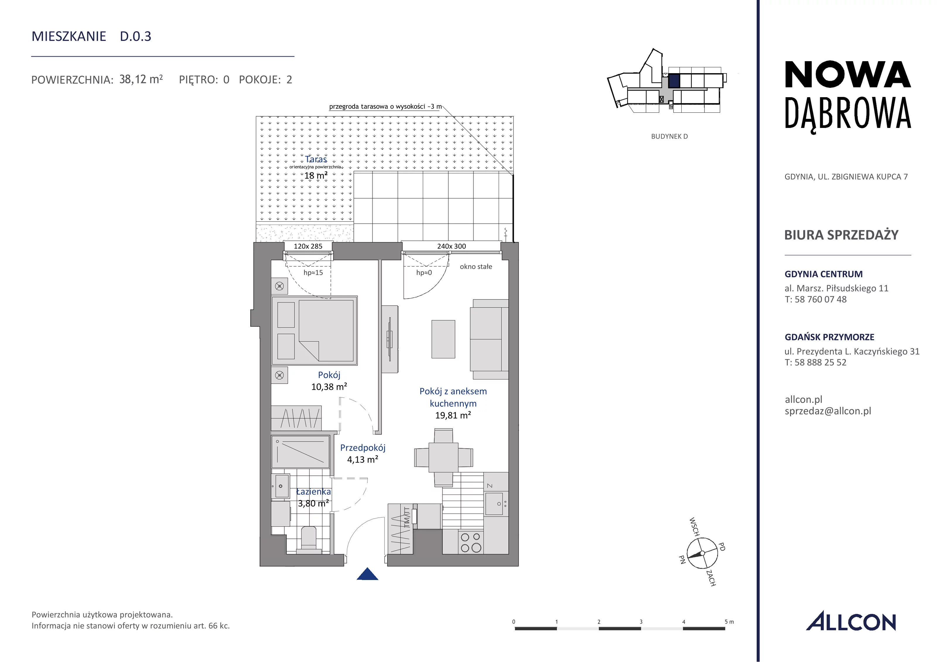 2 pokoje, mieszkanie 38,12 m², parter, oferta nr D.0.3, Nowa Dąbrowa, Gdynia, Dąbrowa, ul. Rdestowa