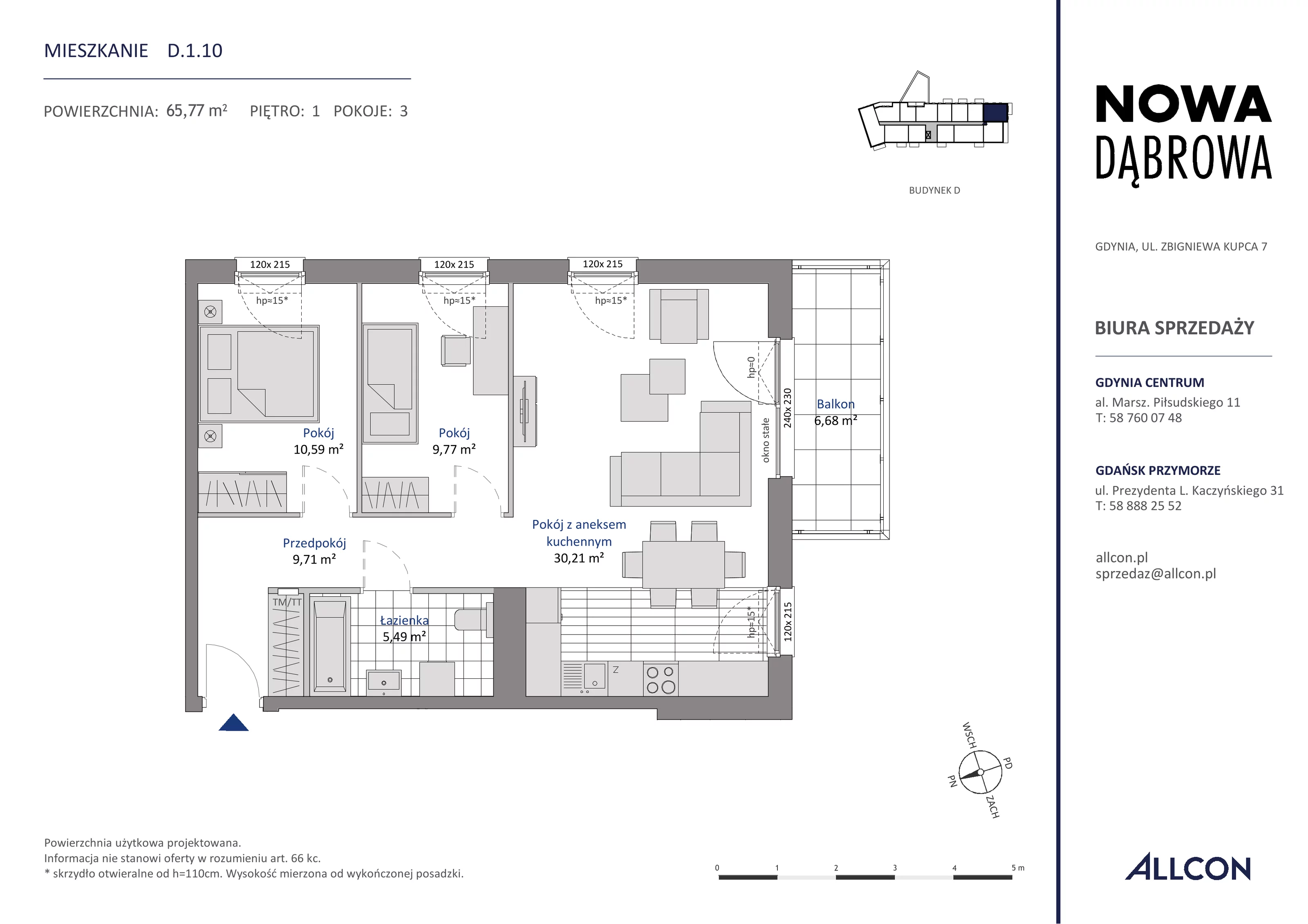 3 pokoje, mieszkanie 65,77 m², piętro 1, oferta nr D.1.10, Nowa Dąbrowa, Gdynia, Dąbrowa, ul. Rdestowa