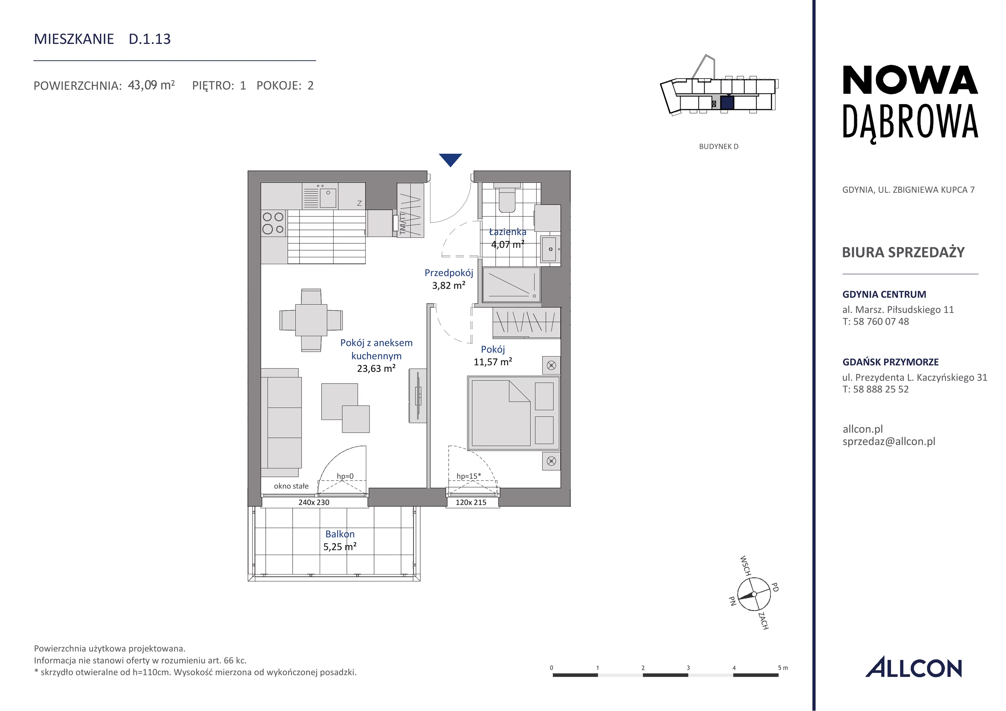 2 pokoje, mieszkanie 43,09 m², piętro 1, oferta nr D.1.13, Nowa Dąbrowa, Gdynia, Dąbrowa, ul. Rdestowa