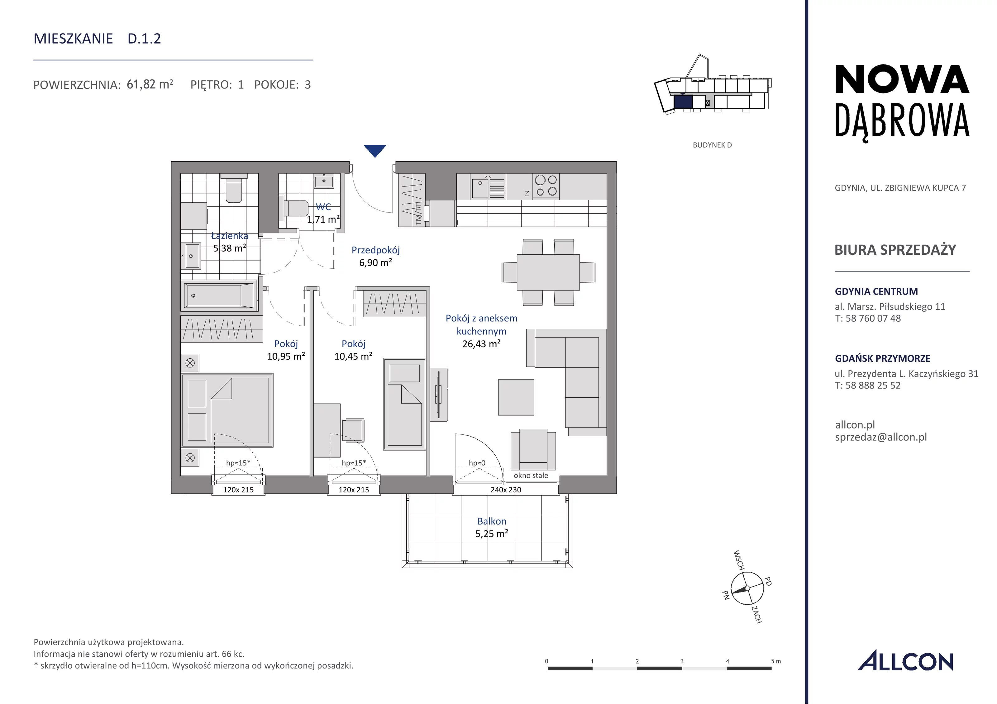 3 pokoje, mieszkanie 61,82 m², piętro 1, oferta nr D.1.2, Nowa Dąbrowa, Gdynia, Dąbrowa, ul. Rdestowa