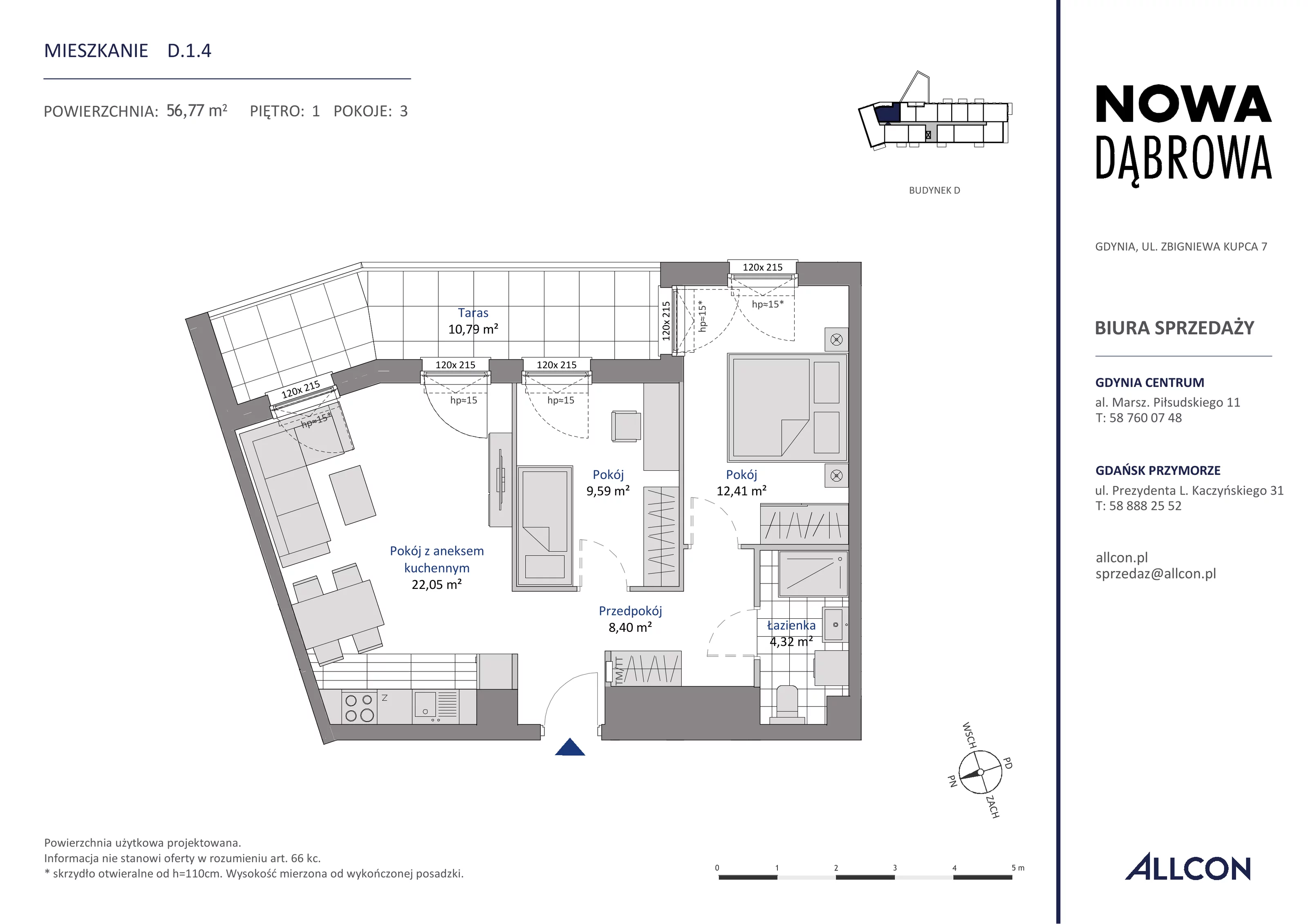 3 pokoje, mieszkanie 56,77 m², piętro 1, oferta nr D.1.4, Nowa Dąbrowa, Gdynia, Dąbrowa, ul. Rdestowa