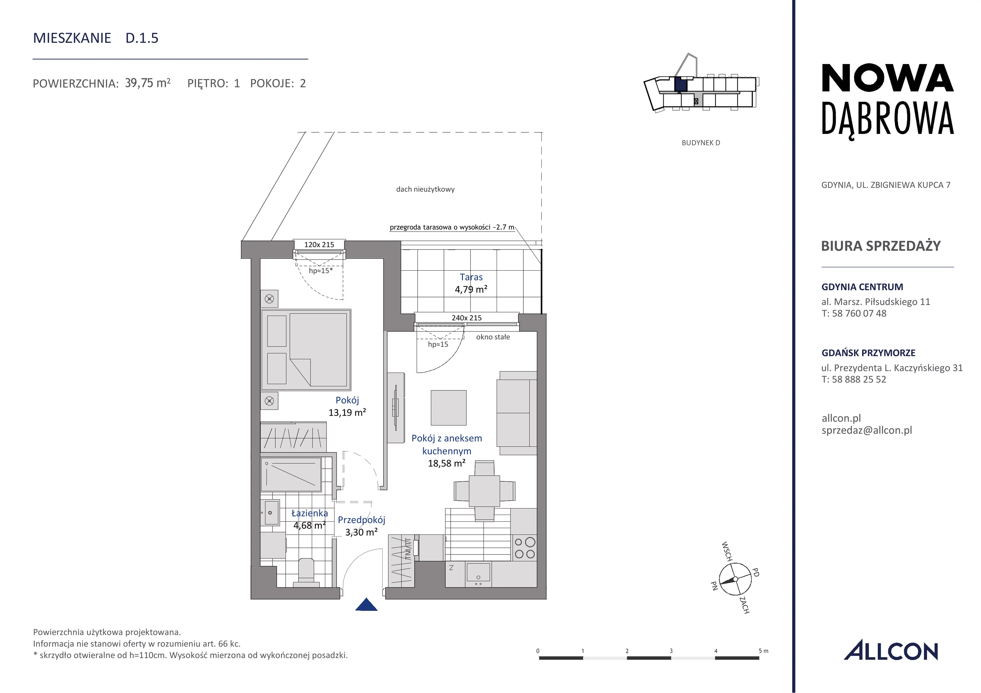 2 pokoje, mieszkanie 39,75 m², piętro 1, oferta nr D.1.5, Nowa Dąbrowa, Gdynia, Dąbrowa, ul. Rdestowa